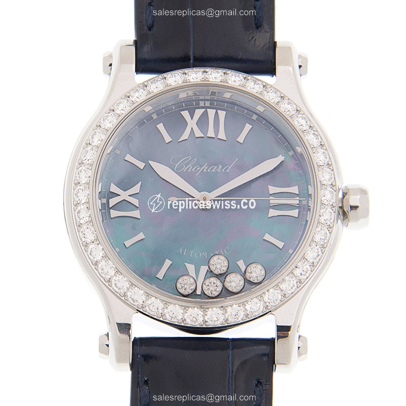 Chopard Happy Sport Replica - Automatic - Blue Dial - Diamond Case - Blue Alligator Strap